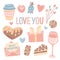 Valentine`s day element collection wuth lettering, pastel colors on whine background