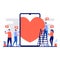 Valentine`s day festival concept with tiny character. Couple sent red heart and love gift in mobile phone flat vector illustratio