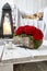 Valentine`s Day floral arrangement with roses and mos inside a piece of bark