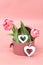 Valentine`s Day flowers with hearts.Image with tulips