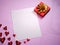 Valentine`s day gift, love letter template background. Shiny red hearts, fancy gift box and an blank paper sheet. Digital render