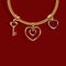 Valentine s Day. Gold bracelet with three charms Charm in the shape of a Key, a heart of white and yellow gold. 3D with shadow.