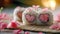 Valentine's day Gourmet Experience, Heart-Shaped Sushi Arrangement with Pink Ginger Garnish on a Bamboo Mat, Asian