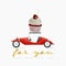 Valentine`s Day. Greeting card with cartoon retro car carrying cupcake