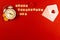 Valentine\\\'s day greeting card concept, red background, envelop and morning alarm clock, flowers, love red hearts theme, word on