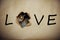 Valentine`s Day greeting card. Cute kitten of British chinchilla stuck its muzzle out of a hole in craft paper with inscription