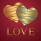 Valentine\'s Day greeting card, Golden heart, love (14 February). Heart of red and blue with gold stripes