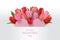 Valentine\\\'s day greeting card with photorealistic red and pink tulips bouquet and heart