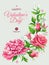Valentine`s Day greeting card template. Vertical banner with pink and white flowers. Roses, Peonies, Lilacs, Campanulas and text i