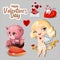 Valentine`s day greeting vector set. Cupid girl with white hair and a golden bow, heart, cute kitten, sleeping kitten on