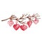Valentine's Day Heart Bunting.Valentine's Day Heart Bunting. Watercolor romantic garland. Rustic twig with hearts