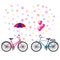 Valentine`s Day. Heart of confetti, two bicycles with an umbrella, balloons and flowers. Vector illustration