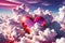 Valentine\\\'s Day heart emerging amongst fluffy cumulus clouds, rich hues of pink and red intertwined in the sky