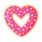 Valentine`s Day heart shaped pink donut with icing and pastry topping