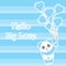 Valentine`s day illustration with cute blue panda bring heart balloons on stripes background