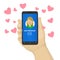 Valentine`s day illustration. Send or receive love sms, email with mobile phone. Hand hold cellphone. Flying red hearts