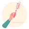 Valentine\\\'s Day illustration. Woman\\\'s hand with a test tube filled with hearts