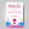 Valentine`s day invitation part poster template with paper craft cut style illustration of flying hot balloon with mountain