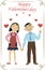 Valentine\\\'s Day. Little boy and girl are holding hands. Red hearts fly over their heads. Children smile. Children are happy.