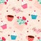 Valentine`s day, love concept cute vector illustration seamless pattern with, hearts, love, flowers, envelope, coffee