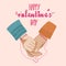 Valentine s Day Love and February 14. Vector cute illustrations. Postcard with hands tied with red thread. Drawings for a postcard