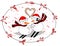 Valentine` s day lovers in a circle with red ribbons