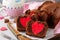 Valentine`s Day, Mother`s Day or Birthday festive dessert. Homemade sweet chocolate brownie with hearts for Valentine`s Day