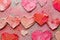 Valentine's day painted love hearts in thick paint, red orange and pink colors