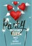 Valentine`s Day party invitation card with hearts with wings, arrows and sparkler.
