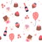 Valentine s day pattern with cute baloons, strawberry, love letters. Hand drawn vector illustration