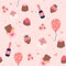 Valentine's day pattern with cute baloons, strawberry, love letters. Hand drawn vector illustration