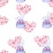 Valentine`s Day pattern. Sweet and Romantic. Bunnies and a heart made of hearts. Watercolor
