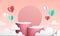 Valentine`s day podiums with clouds and hearts in 3D rendering. Valentines day background scene, love pink pastel pedestal to
