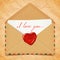 Valentine\'s day postcard, old retro vector envelope with wax seal in heart shape, love letter illustration