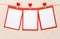 Valentine`s day, postcard, restaurant menu, Three rags with red hearts on a clothesline, three red backgrounds for text and photos