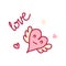 Valentine\\\'s Day print with cute flying heart and text love. Perfect for sticker, card, tee. Doodle vector illustration