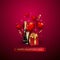 Valentine`s day realistic set with a red heart in the form of a foil ball and a gift, a bottle of champagne with a glass, a