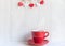 Valentine`s Day with red cup coffee Sewed pillow hearts row border