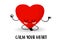 Valentine`s Day. Red heart on a white background. Cute kawaii cartoon characters with eyes and arms and legs. Calm your heart. Th