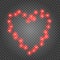 Valentine`s Day red light bulbs garland. Holiday decoration of heart shape illuminated lights on transparent background