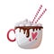 Valentine's day red mug with hearts with marshmallow, chocolate topping. Vector holiday illustration on white
