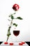 Valentine`s Day. Red rose on the table and in the weight. heart and wine plugs. world in weight.