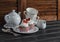 Valentine\'s day romantic Breakfast. Banana oat cupcakes and a tea set