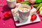Valentine\\\'s Day romantic concept. Coffee with marshmallows, tulips flowers, traditional design