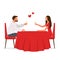 Valentine's day romantic dinner. Couple sitting at the table and holding glasses with champain. Vector illustration