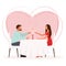 Valentine`s day romantic dinner greeting card with couple sitting at the table and holding glasses with champain