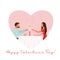 Valentine`s day romantic dinner greeting card with couple sitting at the table and holding glasses with champain isolated on the