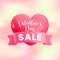 Valentine's day sale banner template. Cute realistic 3d concept with ceramic heart, pink ribbon and text on gradient