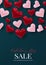 Valentine`s day sale. Love 3d hearts poster or flyer design concept background with torn out sheet of paper.