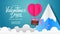 Valentine`s day sale offer banner with illustration of paper cut style illustration of hot flying balloon with mountain